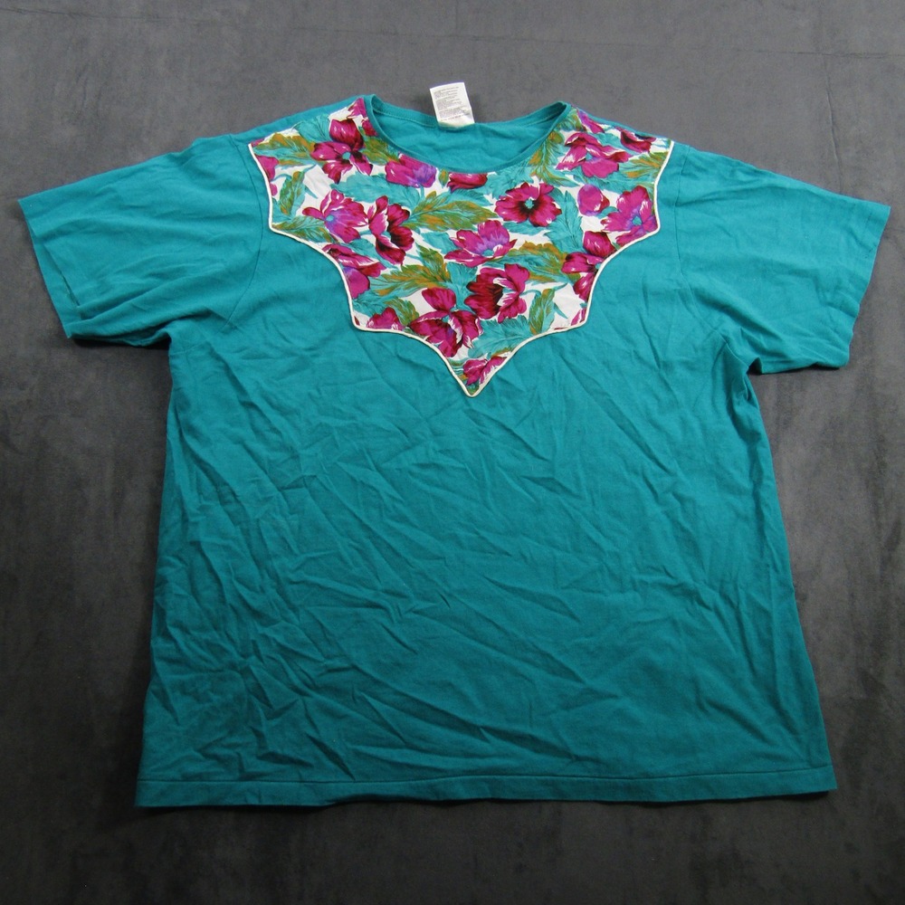 Hanes Her Way T-Shirt Women XL Teal Floral Bib Single Stitch Cotton 01034